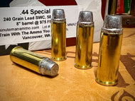 44 Special, 240 grain hard cast lead SWC, 975 FPS