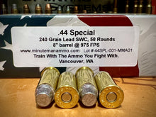 44 Special, 240 grain hard cast lead SWC, 975 FPS