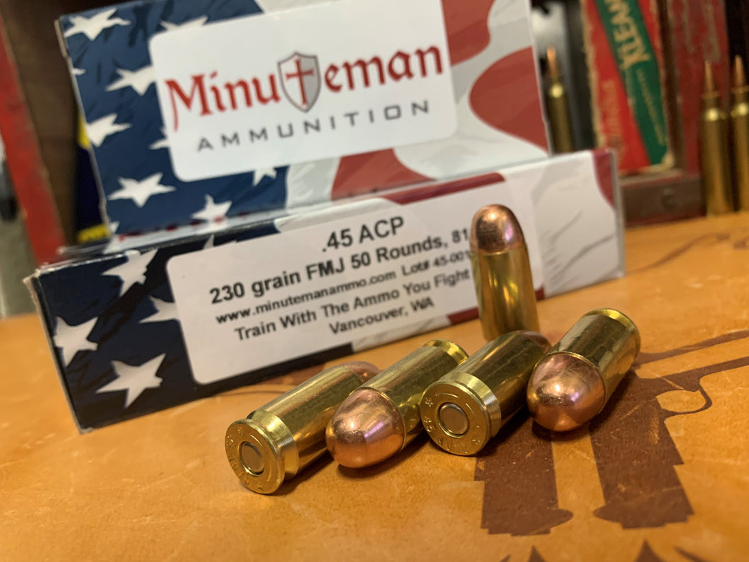 45 ACP 230 grain Hornady FMJ @ 810 fps. 50 rounds. – Minuteman
